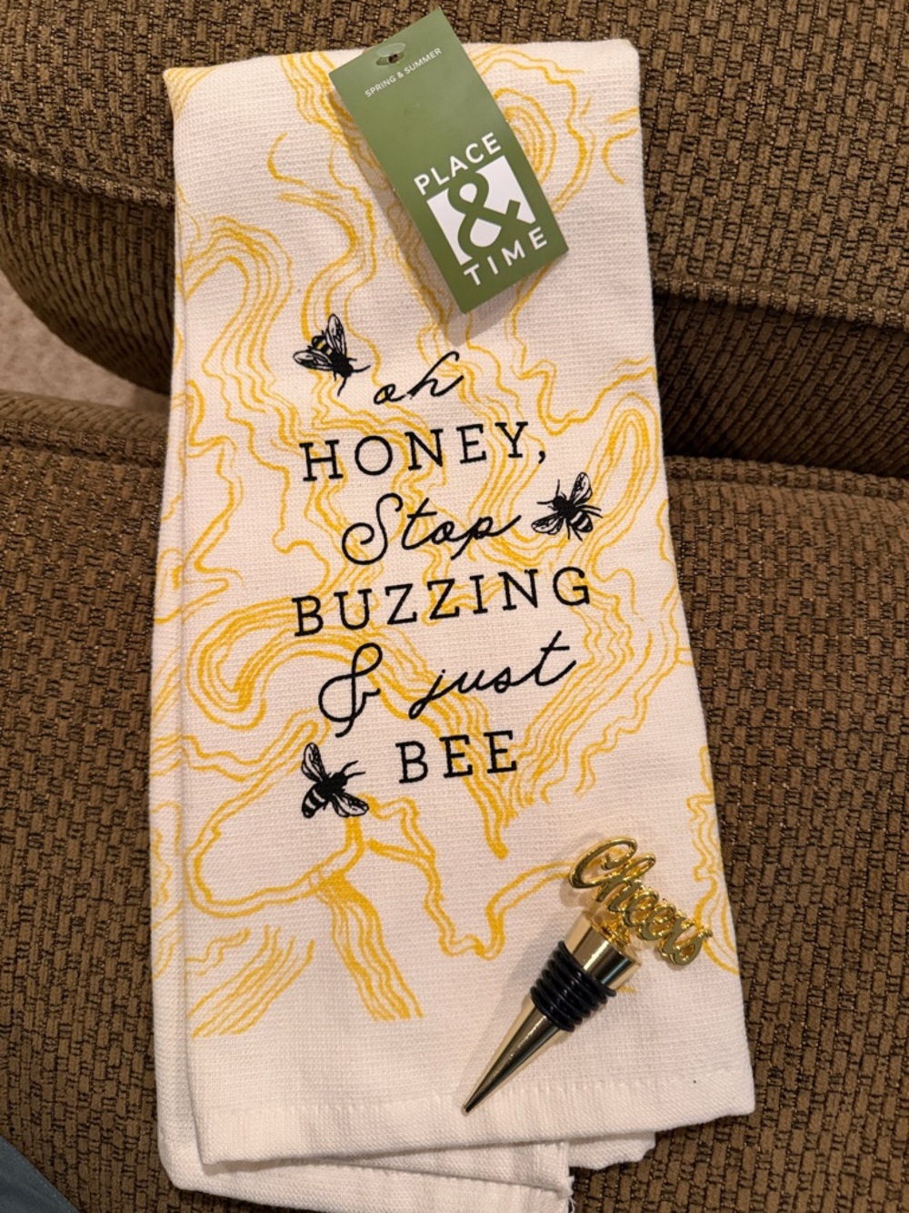 Place & Time 'Oh Honey, Stop Buzzing' Bee Kitchen Towel - Cheers bottle topper